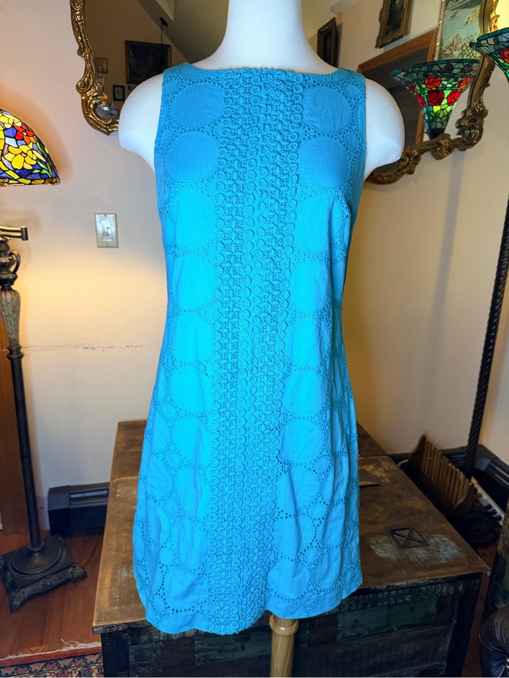 Eliza J Teal Eyelet & Crochet-Sleeveless Shift Dress